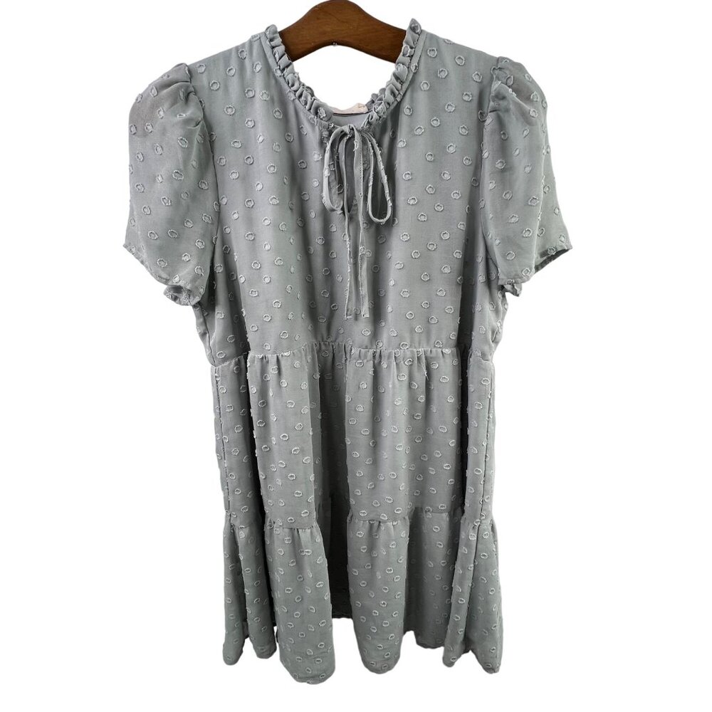 Altar'd State Swiss Dot Tiered Mini Dress Size Small Ruffle Tie Neck Short Sleev